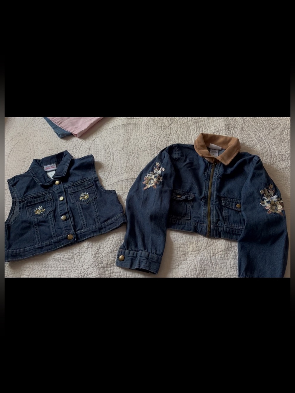Little Lass Navy Denim Jacket and Vest Set with Tan Collar & Floral Embroidery